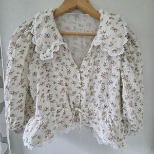 Shopdahl 100% Cotton Gauze Puff Sleeve Lace Button Top Floral Blouse Cream Small